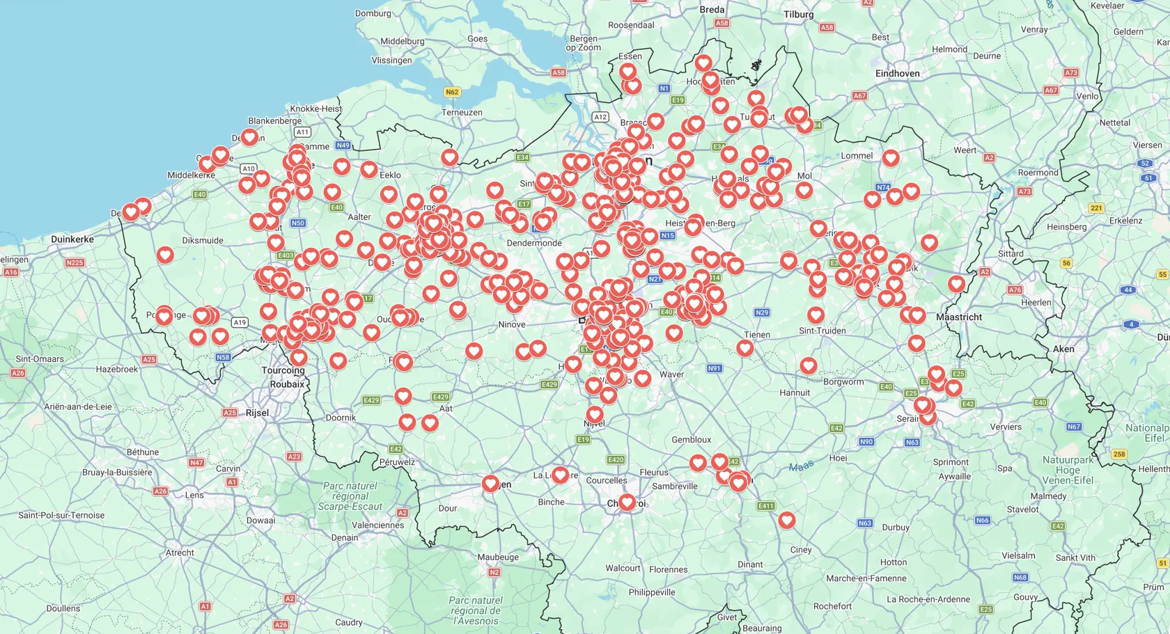Map of Belgium with the agencies in the PITCHPOD database